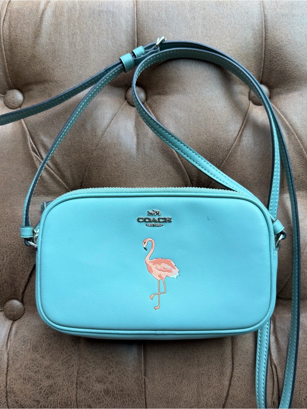 Coach Turquoise Crossbody Bag with Pink Flamingo Motif